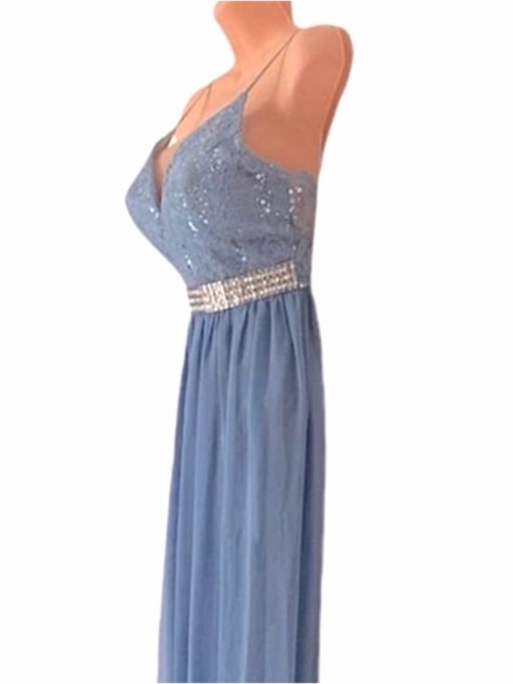 Emerald Sundae Lace Chiffon Blue Formal Maxi Prom Rhinestone Sequin Trim Dress - Picture 12 of 15